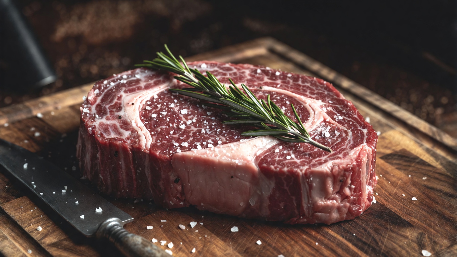 Dry-Aged Ribeye auf dem Schneidebrett der Familienmetzgerei Seng